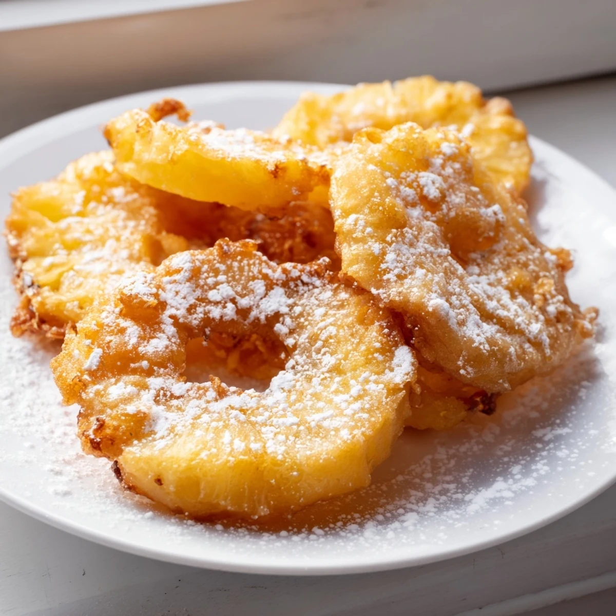 Fried pineapple rings with caramelized edges served warm alongside vanilla bean ice cream