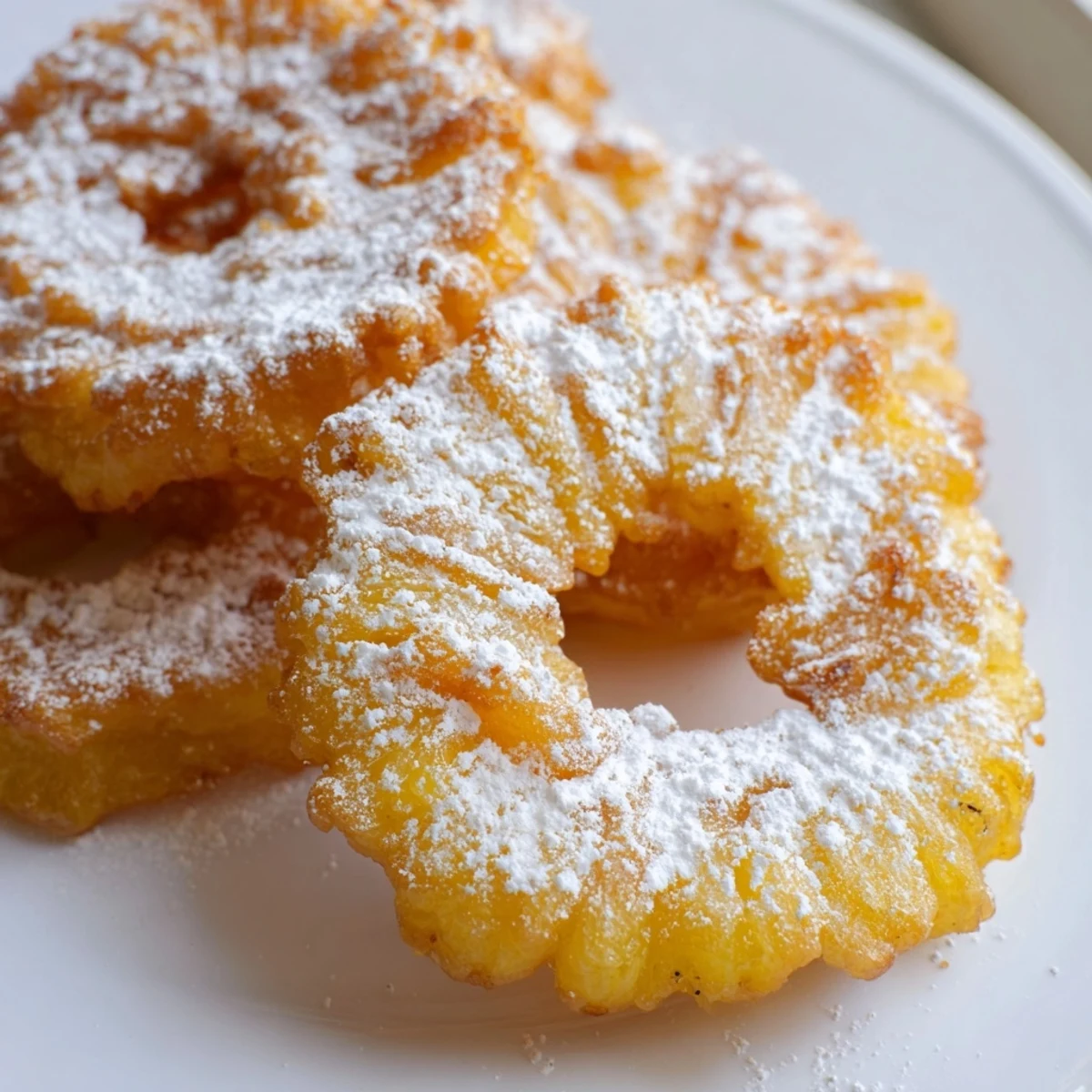 Lightly battered fried pineapple rings stacked and drizzled with sweet caramel sauce
