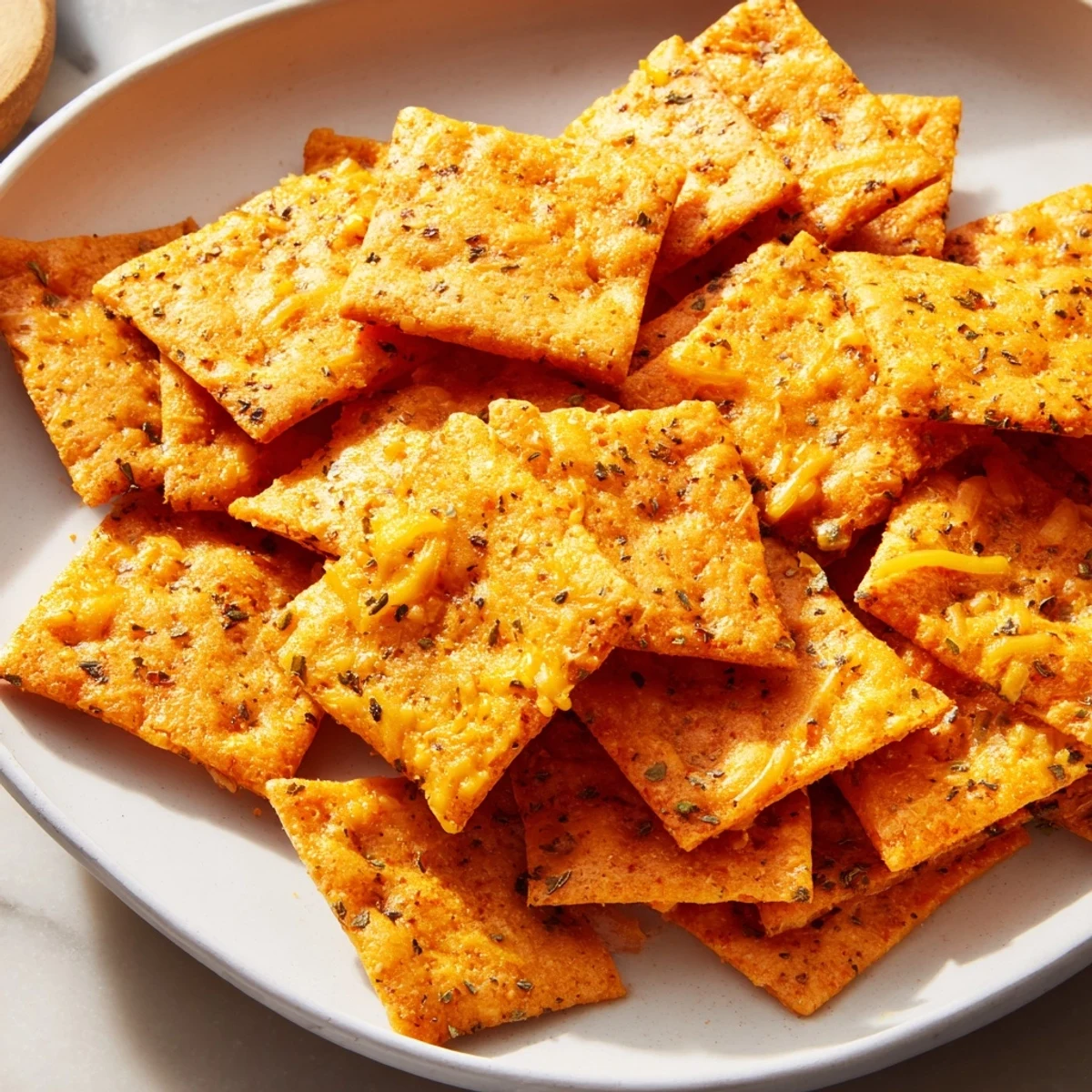 Golden taco crackers sprinkled with melted cheddar and dried oregano on parchment paper