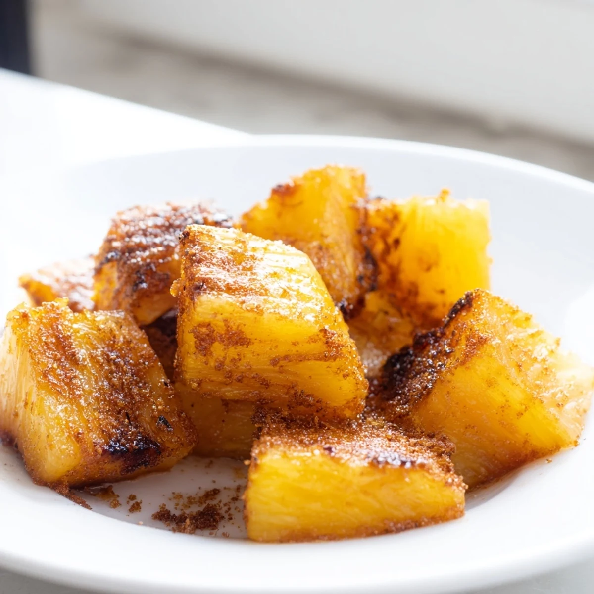 Golden caramelized Air Fryer Pineapple Chunks with crispy edges on a rustic serving plate