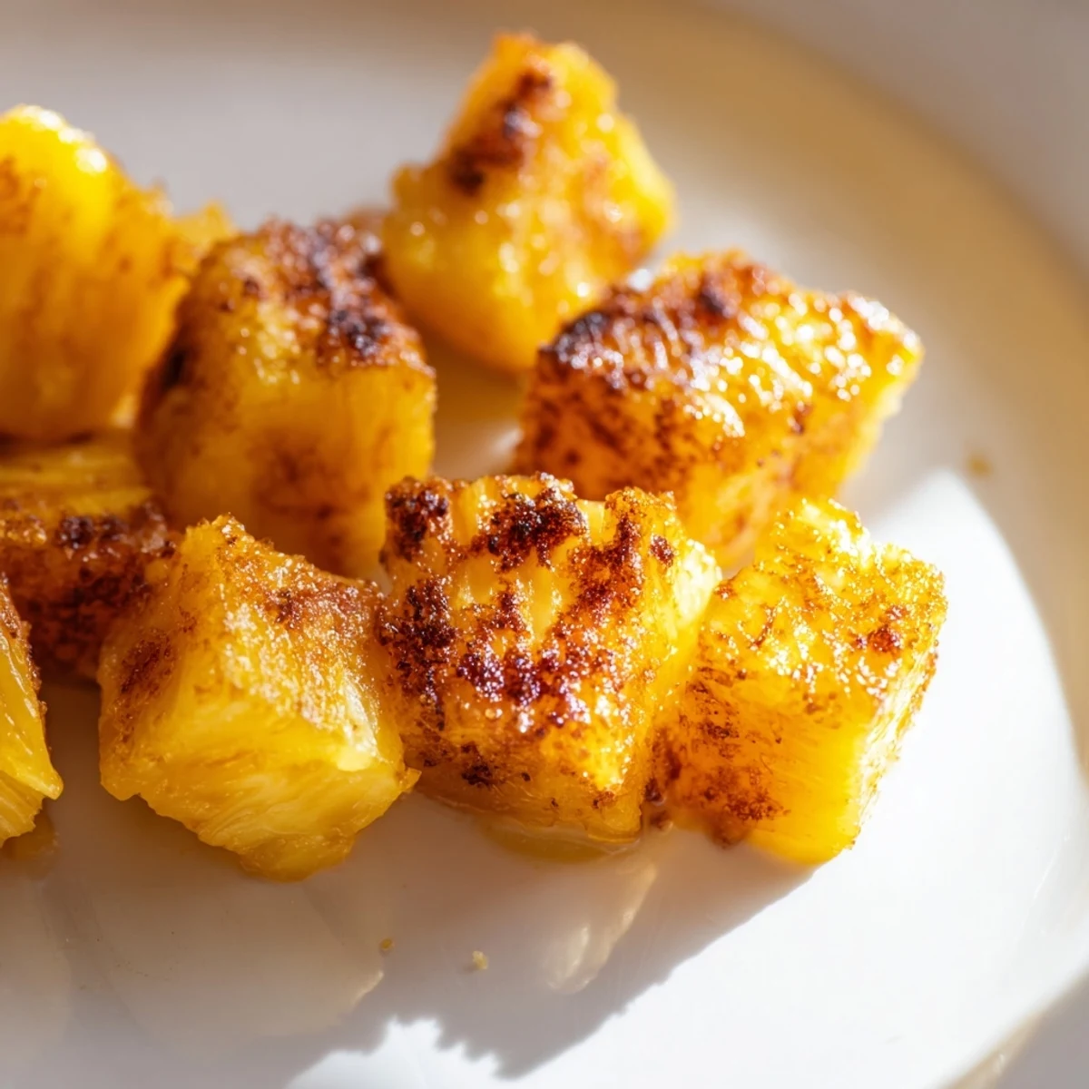 Cinnamon-dusted Air Fryer Pineapple Chunks glistening with caramelized sugar in a warm bowl