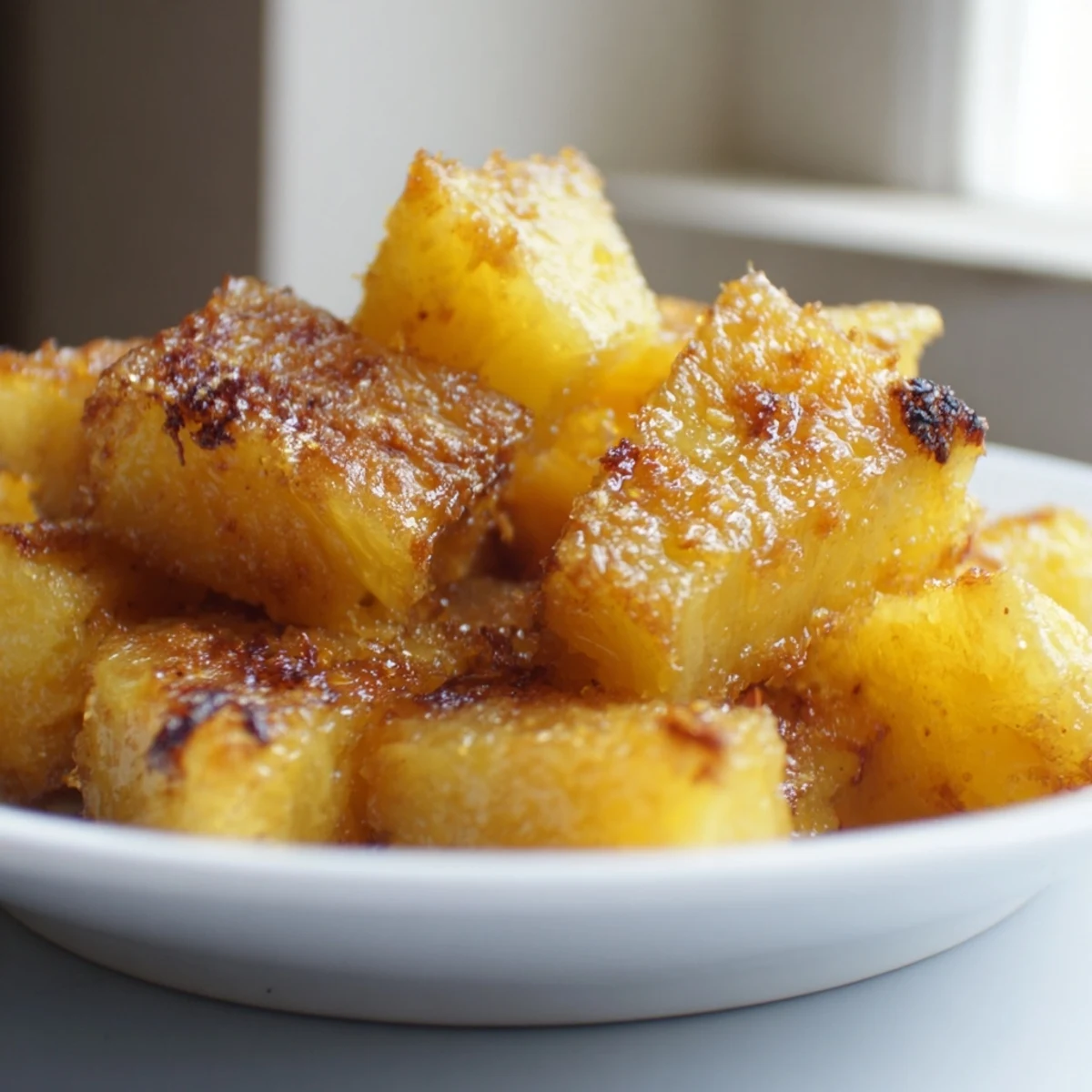 Tender Air Fryer Pineapple Chunks piled high, perfectly charred and drizzled with coconut oil