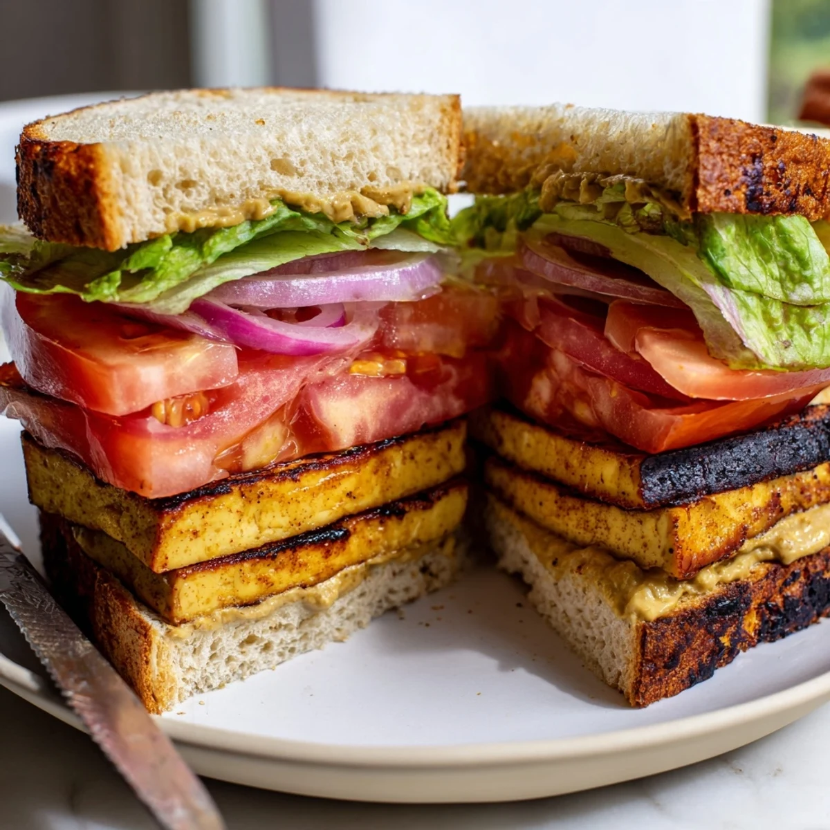 Smoky Tofu TLT Sandwich stacked with ripe tomatoes and crisp lettuce on toasted sourdough