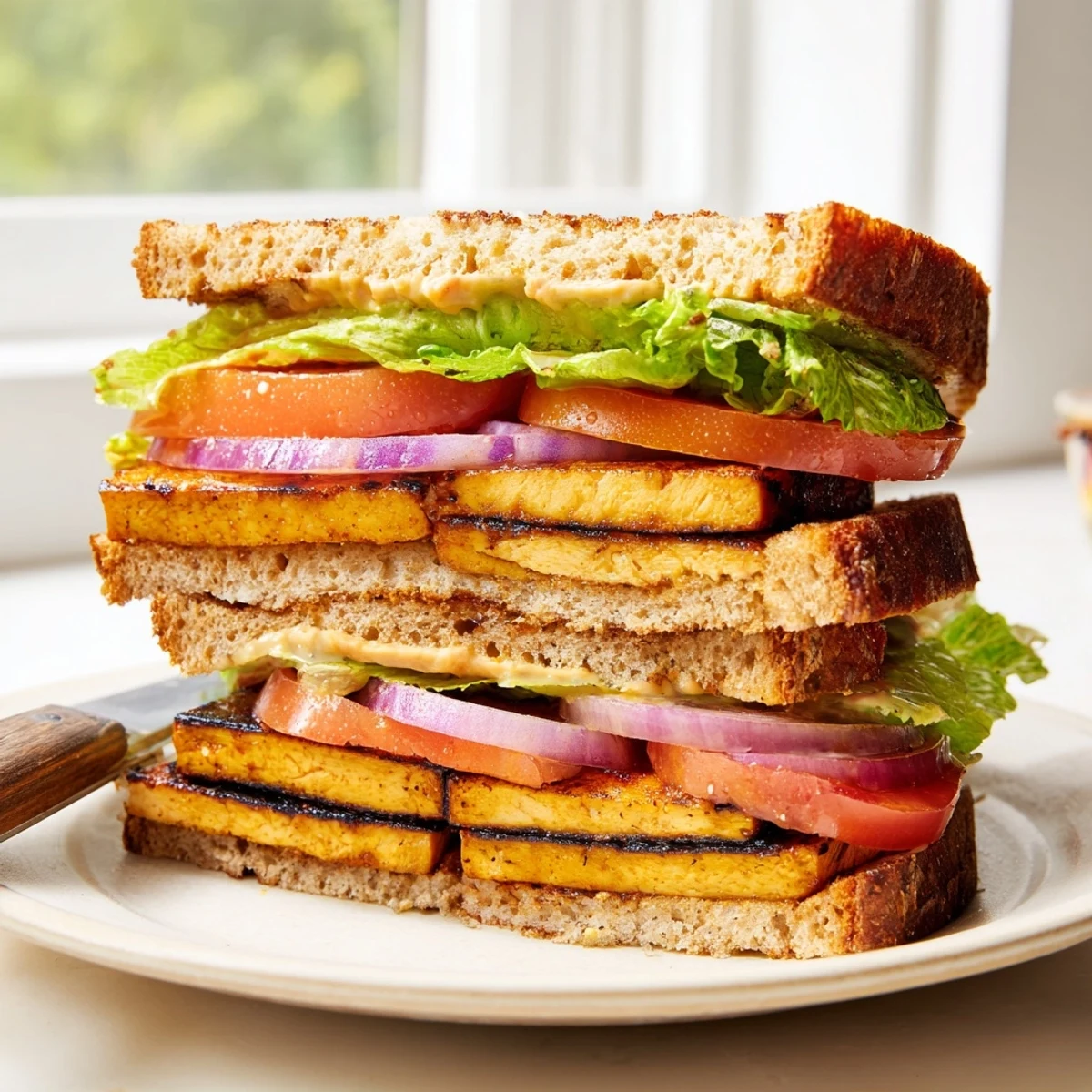 Golden smoky tofu slices layered with fresh lettuce and juicy tomato in TLT Sandwich