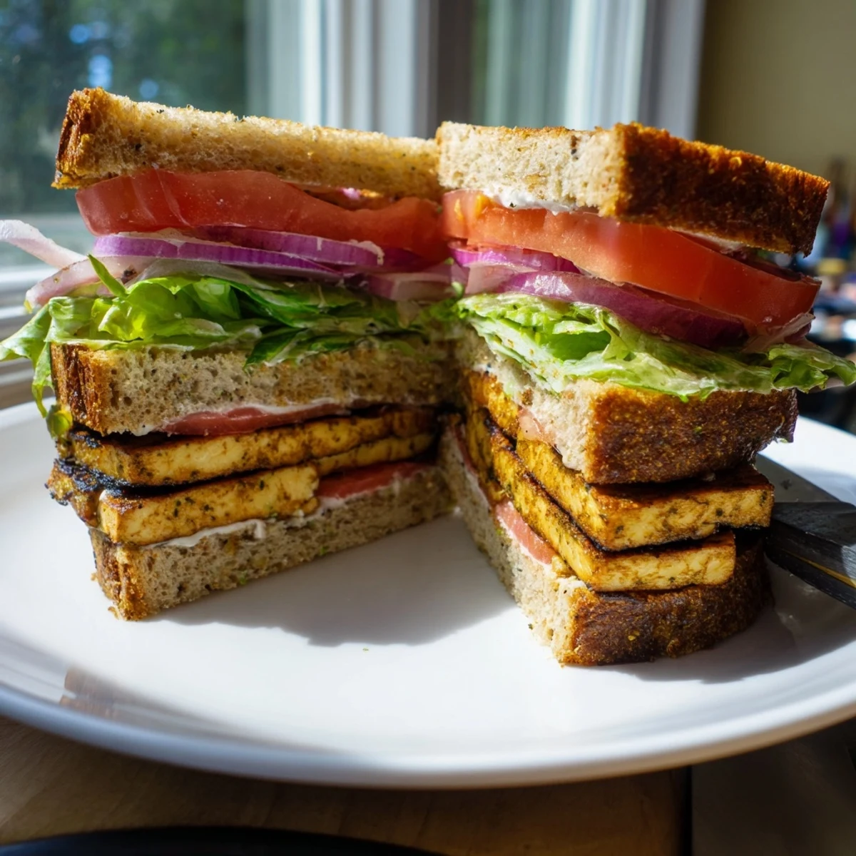 Smoky Tofu TLT Sandwich cut in half revealing vibrant tomato and crunchy green lettuce