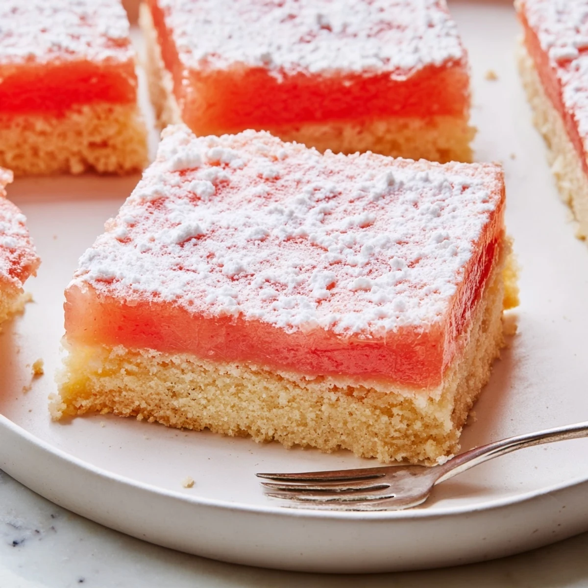 Grapefruit Bars with pink custard filling, dusted with powdered sugar on a rustic plate