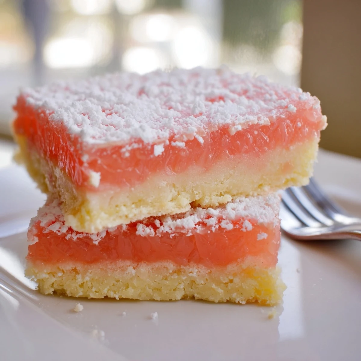 Tangy Grapefruit Bars sliced into neat squares showing a buttery golden shortbread crust