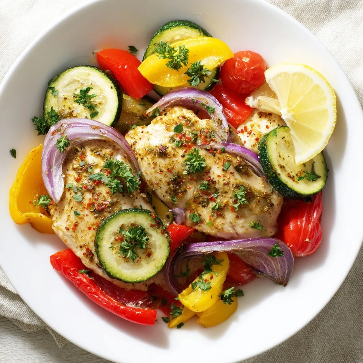 Herb-seasoned chicken foil packets recipe showcasing colorful roasted vegetables on a baking sheet