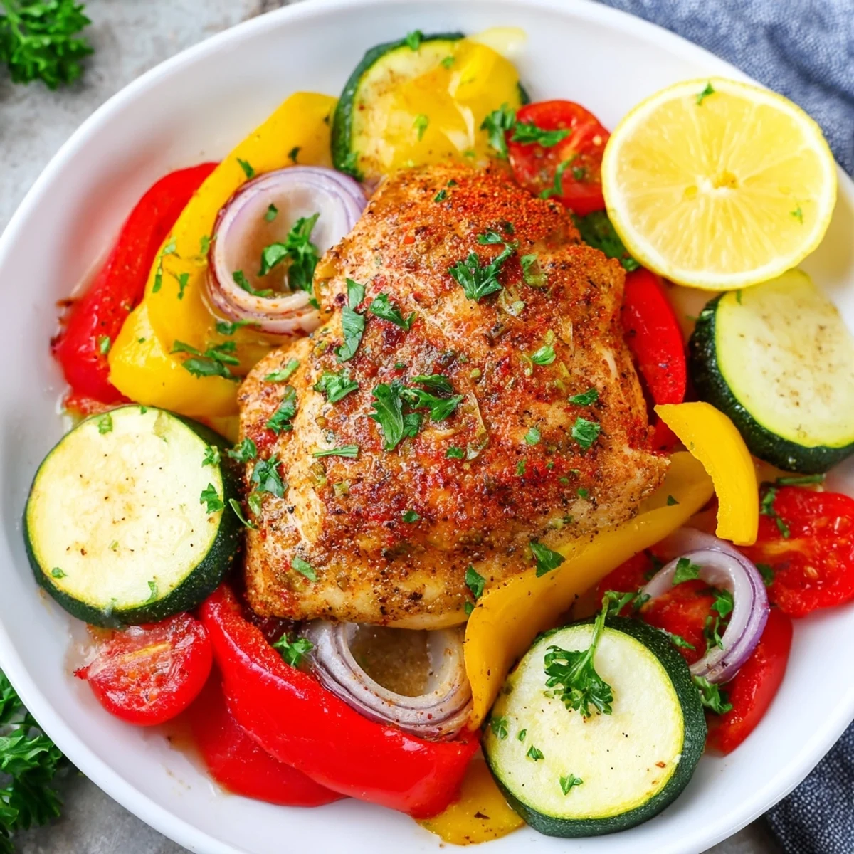 Juicy chicken foil packets recipe served on a plate with fresh lemon wedges