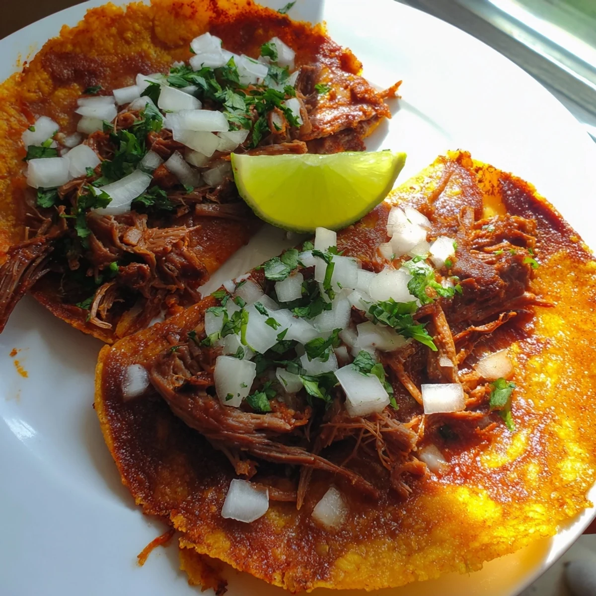 Crispy slow cooker birria tacos topped with fresh cilantro and diced onion