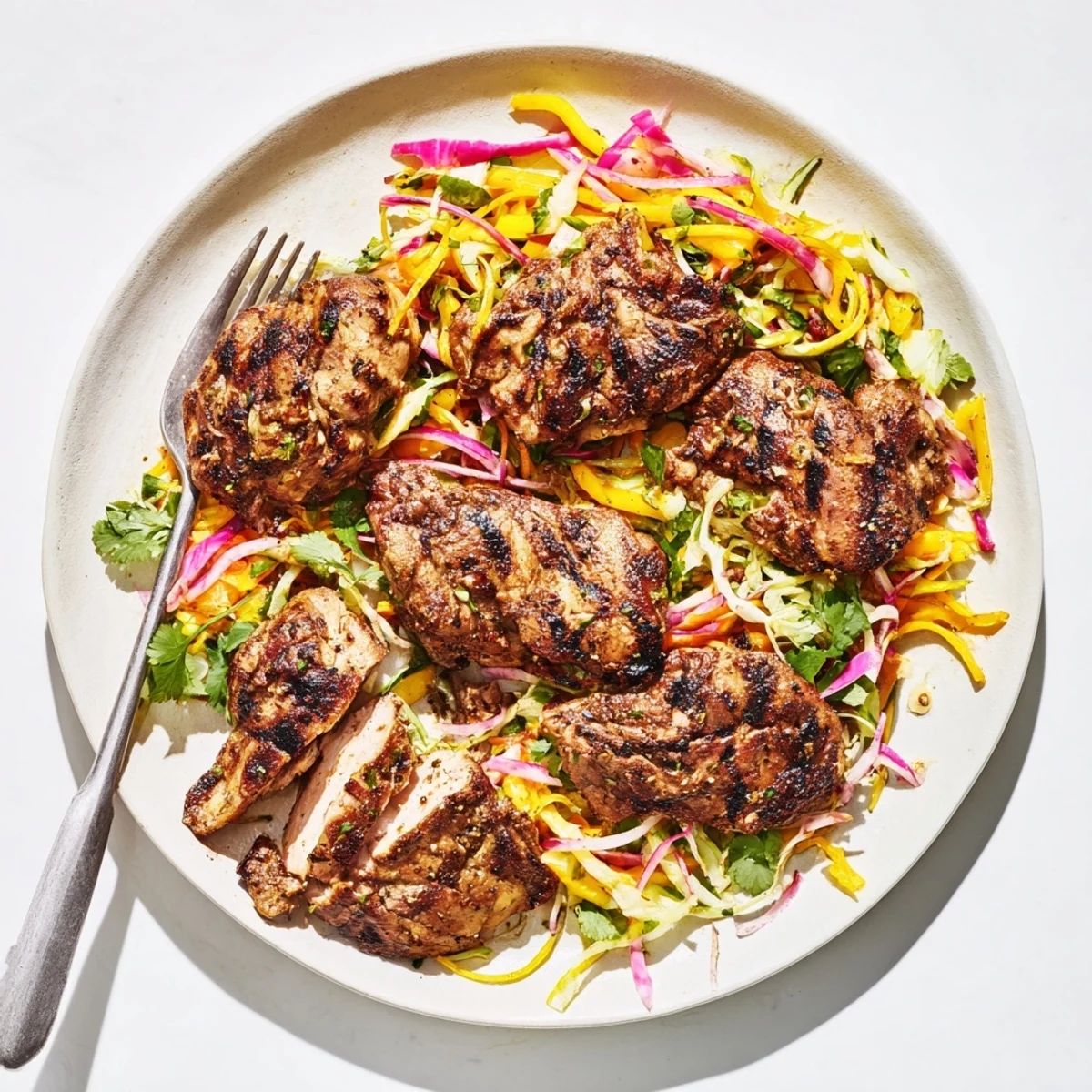Charred spicy jerk chicken sliced over bright mango slaw on a plate