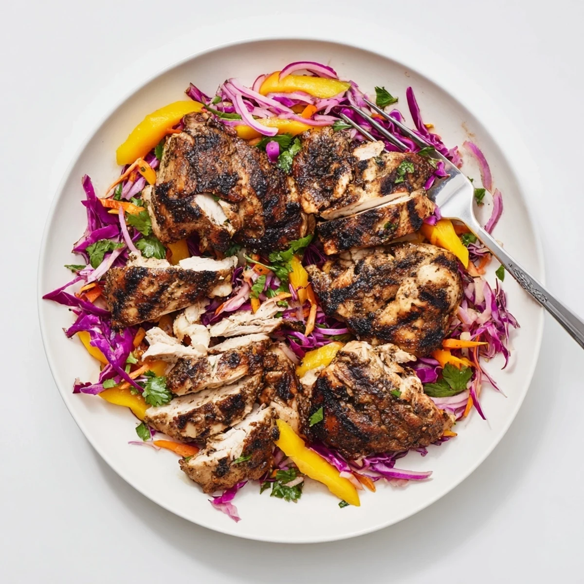 Smoky spicy jerk chicken served atop crisp tangy mango slaw for summer