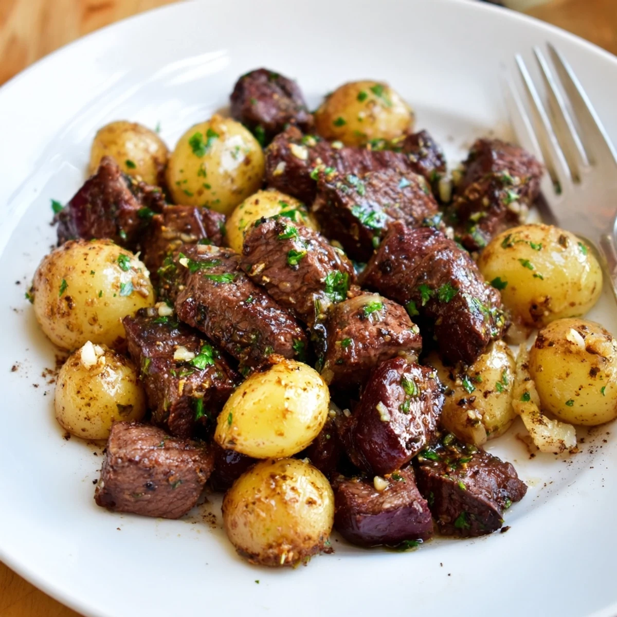 Garlic Steak Bites and Potatoes glistening in garlic butter, skillet-ready weeknight meal