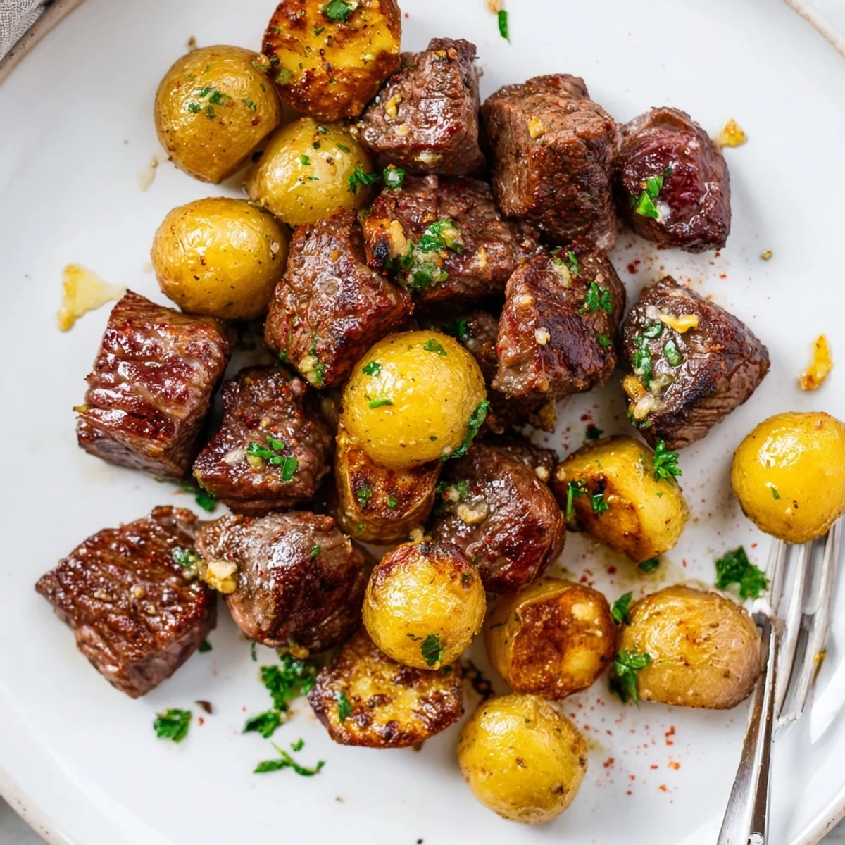 Herb-sprinkled Garlic Steak Bites and Potatoes served hot with crisp green beans