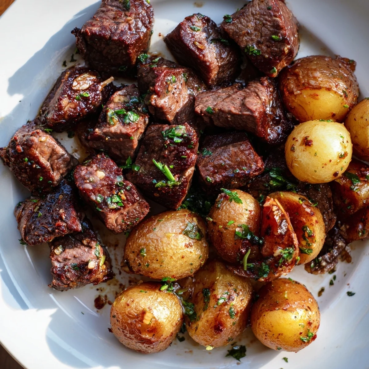 Pan-seared Garlic Steak Bites and Potatoes tossed with parsley, smoky paprika aroma