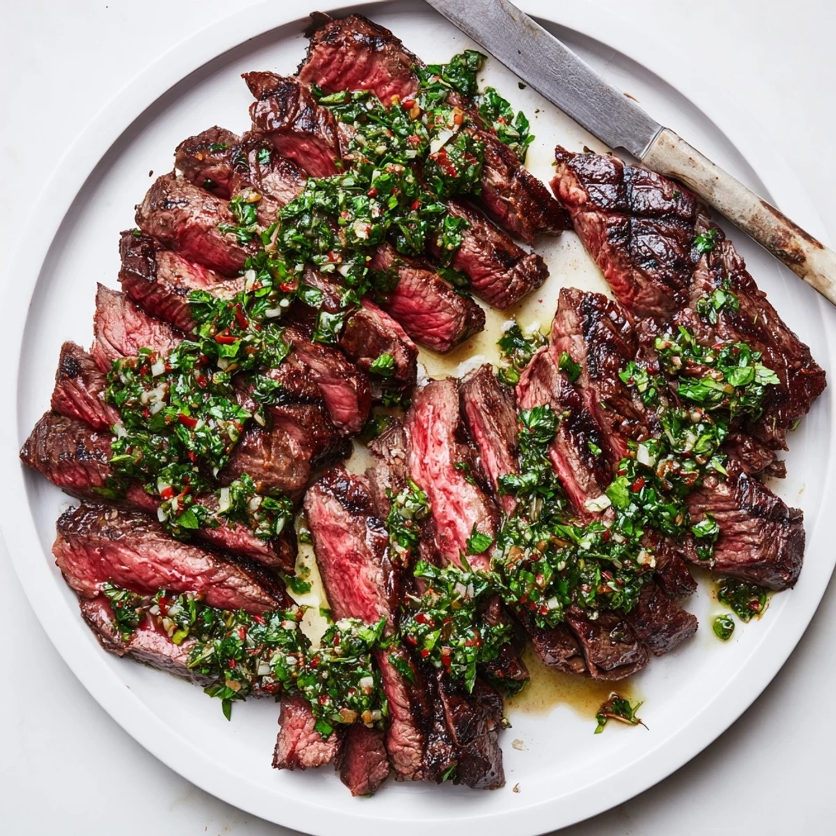 Sliced Chimichurri Steak Recipe resting on cutting board, vibrant green sauce