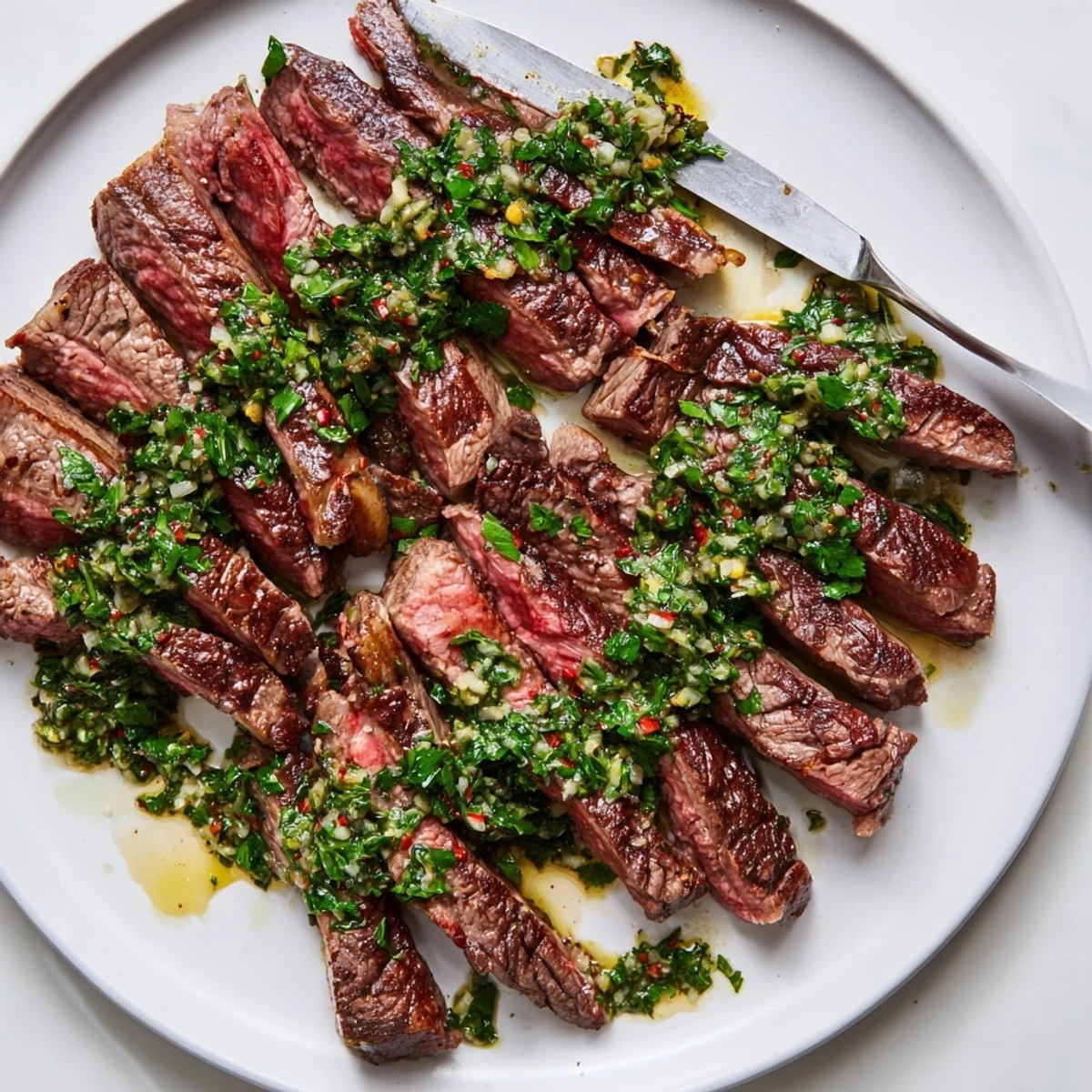 Family-style Chimichurri Steak Recipe, medium-rare slices with zesty parsley sauce