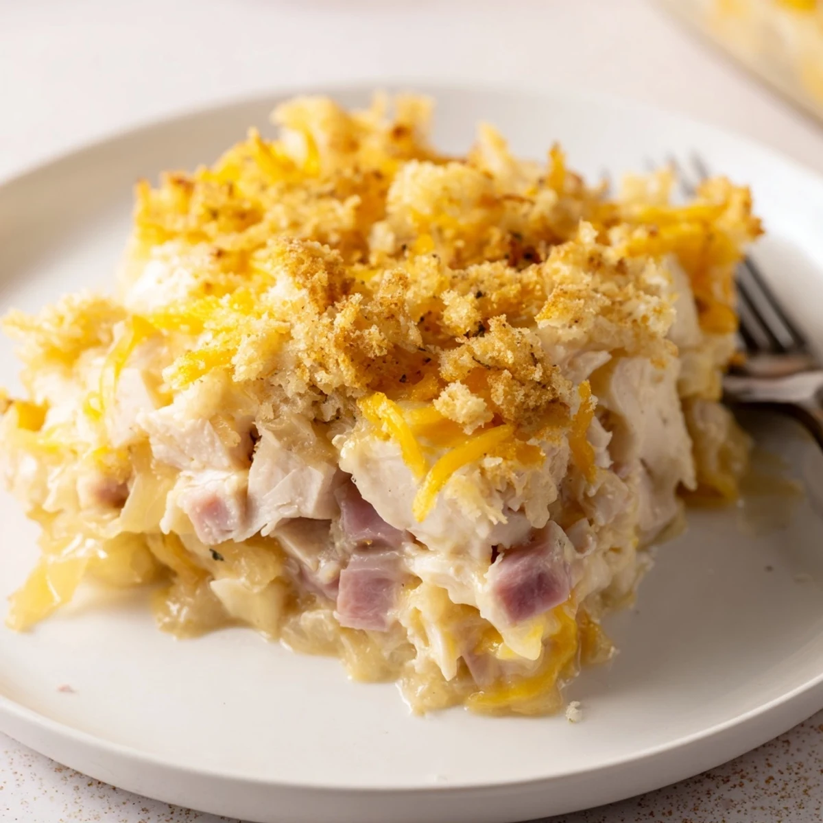 Chicken Cordon Bleu Casserole Recipe bubbling golden with crispy Parmesan-Panko topping, ready to serve