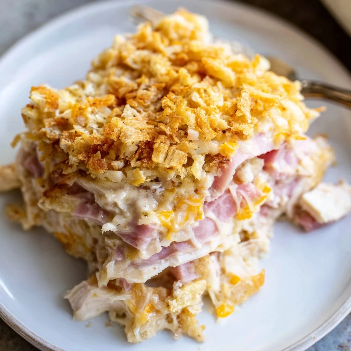 Hearty Chicken Cordon Bleu Casserole Recipe sliced, creamy Dijon sauce visible, pairs with salad