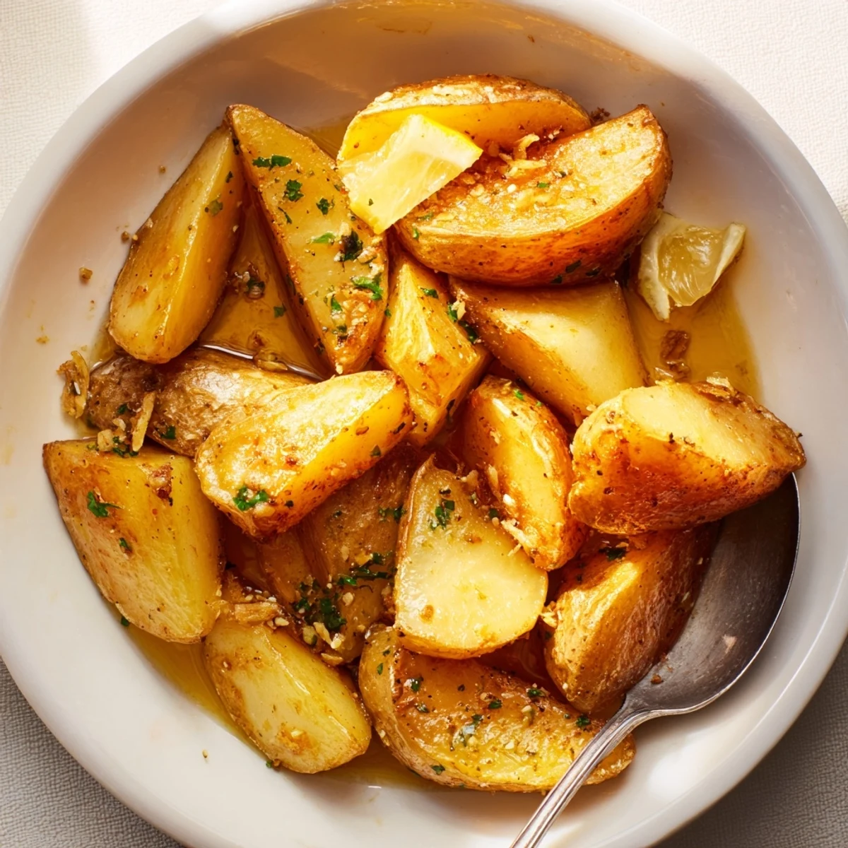 Oven tray of herb-speckled Authentic Greek Lemon Potatoes Recipe, tender inside, golden