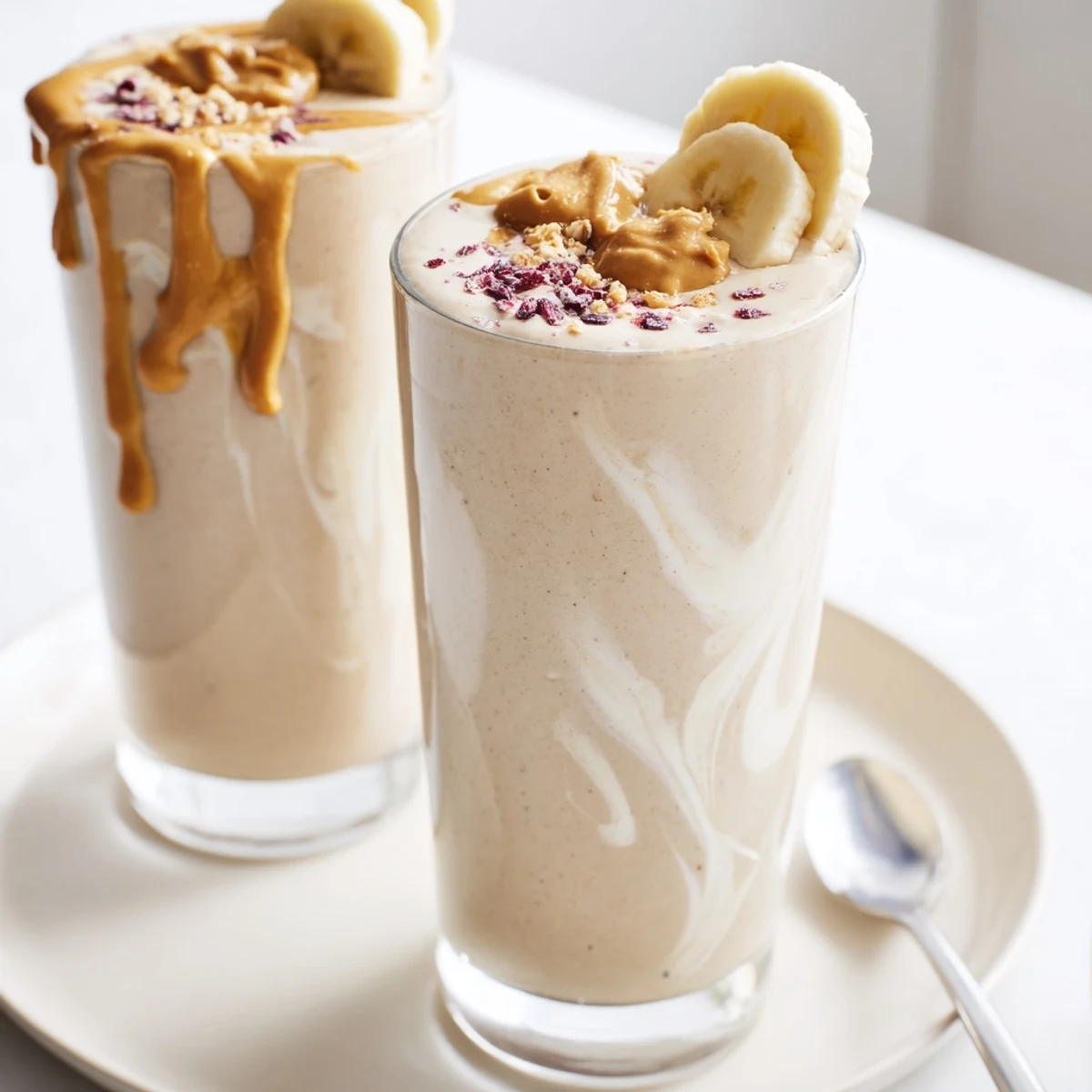 High Protein Smoothie in tall glass, creamy banana and berry swirl, chia sprinkle