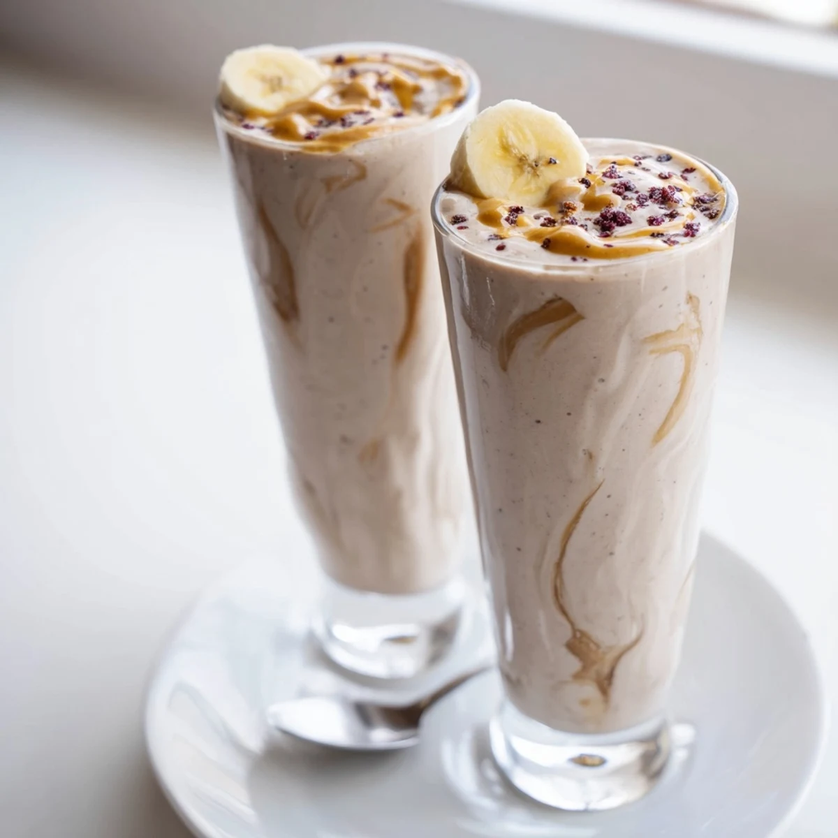 Fresh High Protein Smoothie poured into two glasses, ideal breakfast fuel