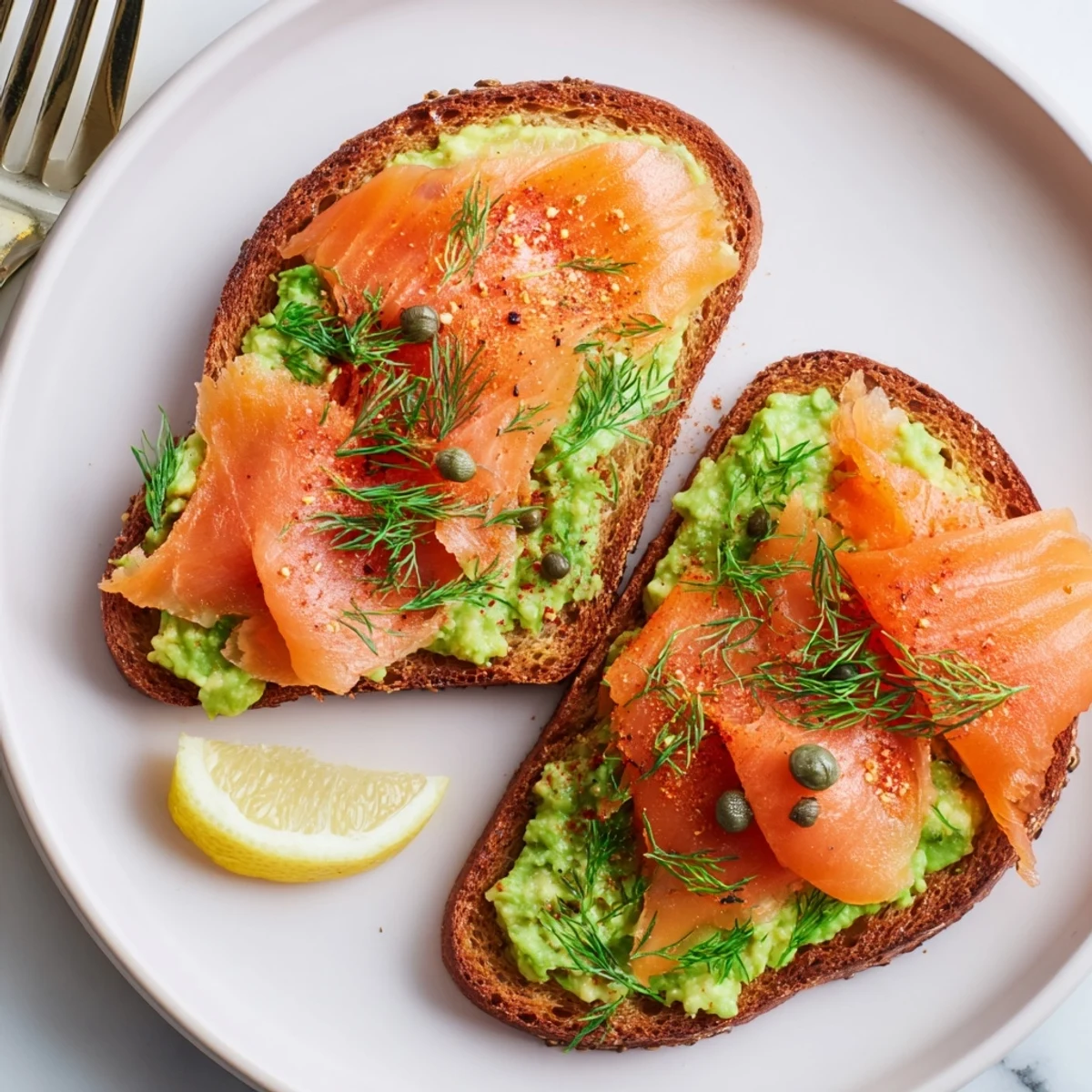 Salmon Avocado Toast with silky smoked salmon and creamy mashed avocado