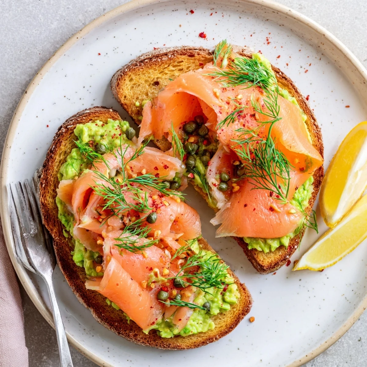 Toasted sourdough Salmon Avocado Toast topped with capers, dill, lemon wedge