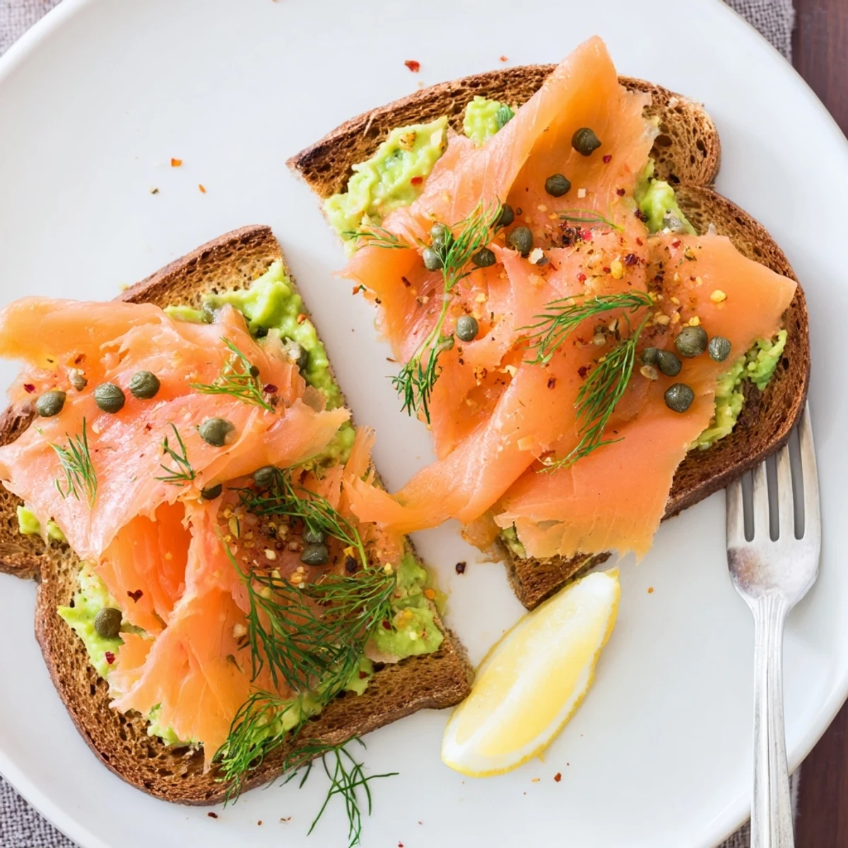 Salmon Avocado Toast layered on golden bread, creamy avocado, tangy lemon squeeze