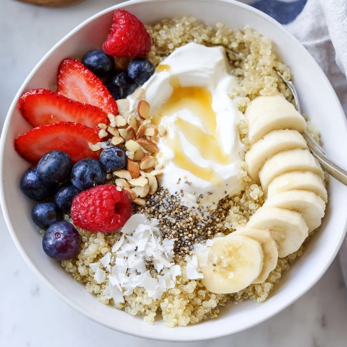 Quinoa Breakfast Bowl topped with creamy yogurt, berries, and crunchy nuts.
