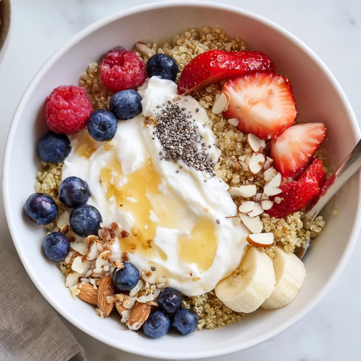 Morning Quinoa Breakfast Bowl with fluffy grains, tart berries, chia seed sprinkle.