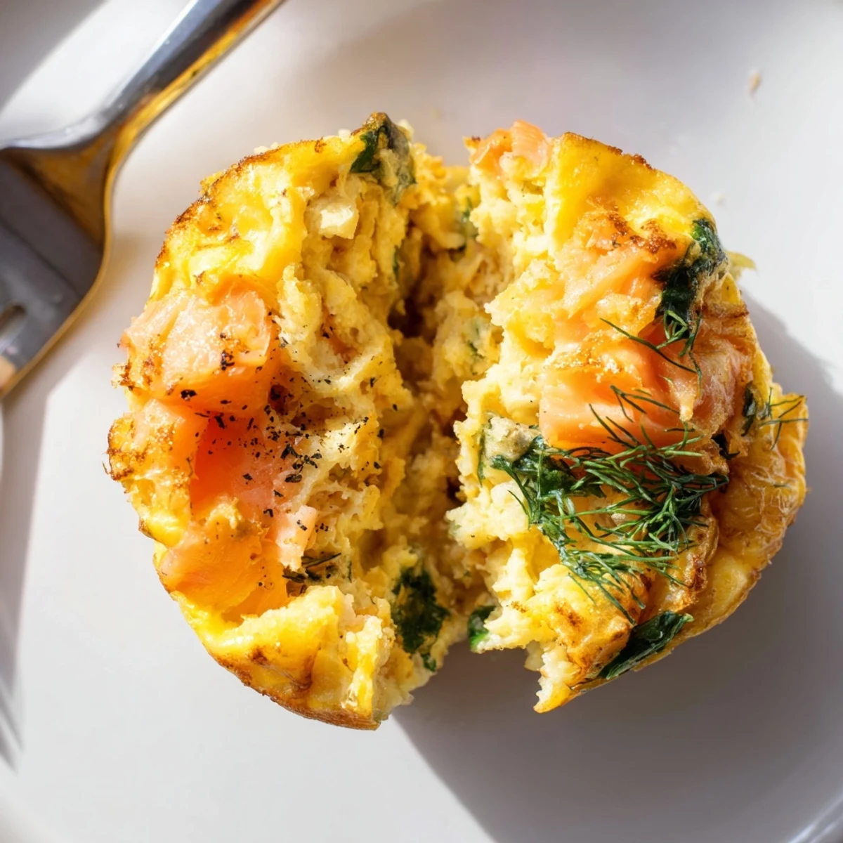 Smoked Salmon Egg Muffins with golden, fluffy tops garnished with dill  