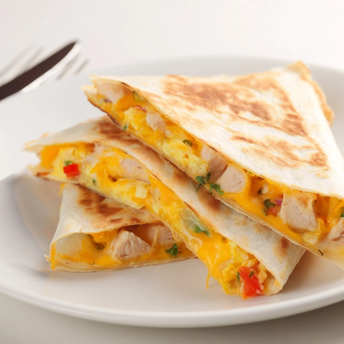 Chicken Breakfast Quesadilla with golden crisp tortilla, melty cheese, and fluffy eggs
