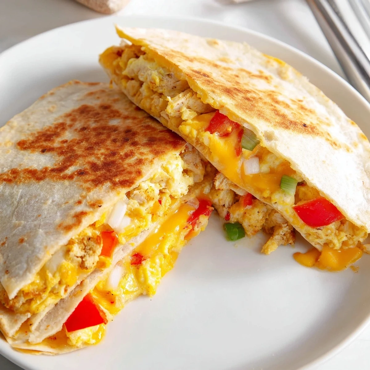 Warm Chicken Breakfast Quesadilla sliced into wedges, tender chicken ready for salsa