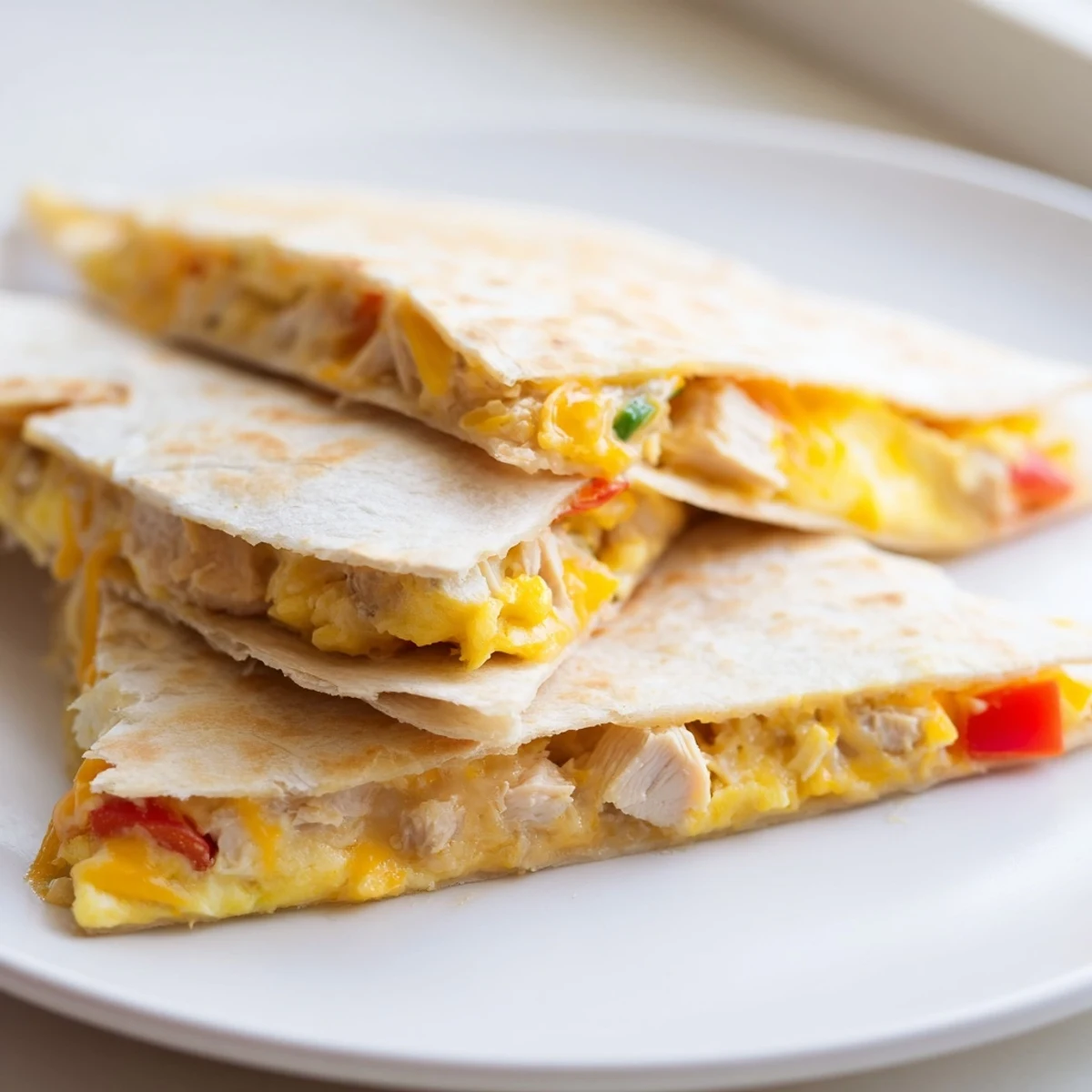 Pan toasted Chicken Breakfast Quesadilla on cutting board, eggs, peppers, cheddar oozing
