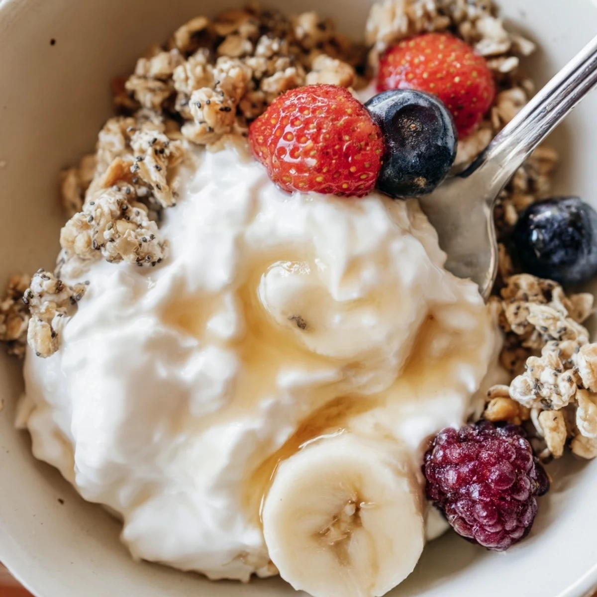 Cottage Cheese Breakfast Bowl topped with fresh berries, crunchy granola, honey drizzle  