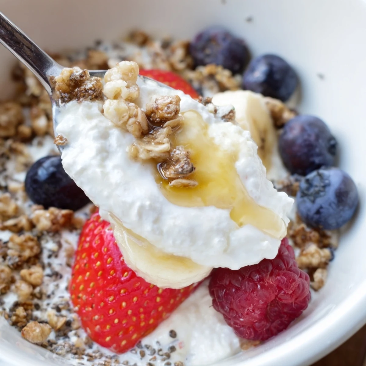Creamy Cottage Cheese Breakfast Bowl with banana slices, chia seeds, mixed berries  