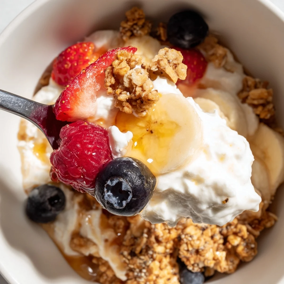 Bright Cottage Cheese Breakfast Bowl garnished with honey, granola, and soft berries