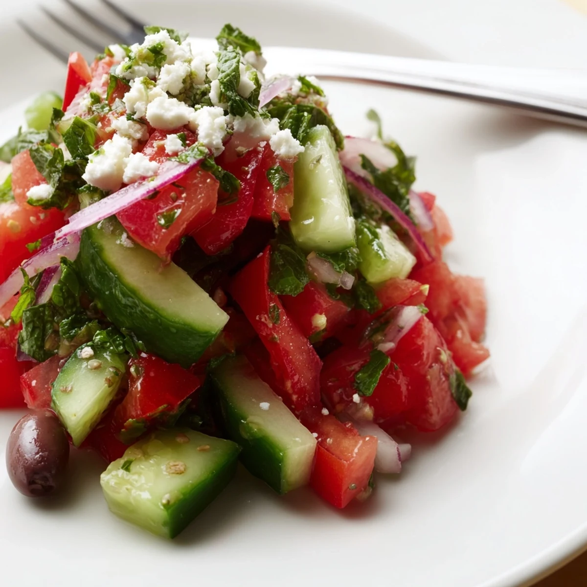 Turkish Shepherds Salad with juicy tomatoes, crisp cucumbers, bright lemon dressing