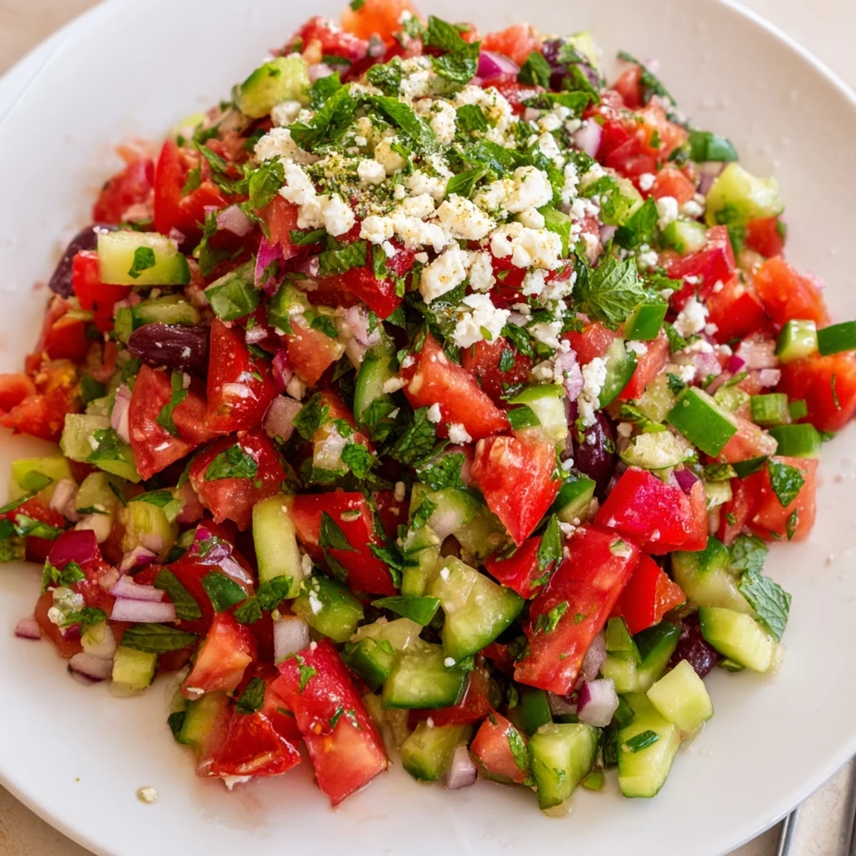 Fresh Turkish Shepherds Salad served alongside grilled lamb, cooling mint and olives