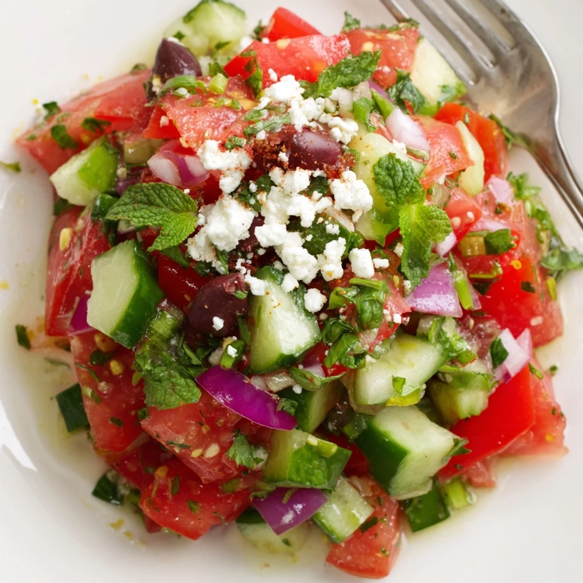 Bowl of Turkish Shepherds Salad topped with crumbled feta, fragrant parsley