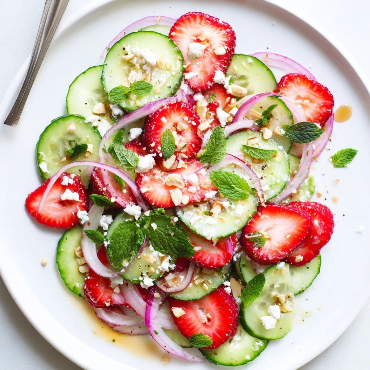 Cucumber Strawberry Salad with sliced mint and tangy white balsamic dressing, vibrant
