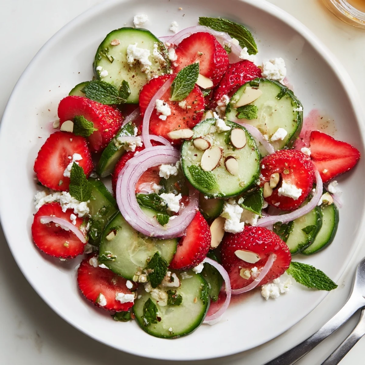 Bright Cucumber Strawberry Salad tossed with honey vinaigrette, served chilled alongside grilled chicken