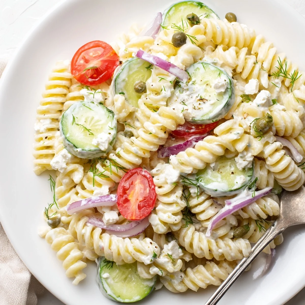 Cucumber Pasta Salad tossed with juicy cherry tomatoes, feta, and lemony zing.