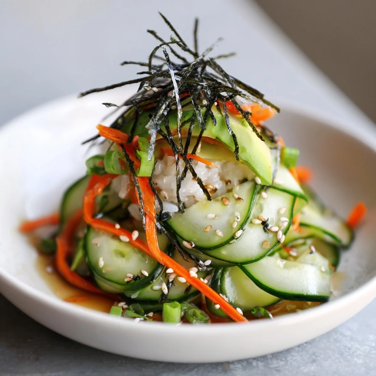 Sushi Cucumber Salad with chilled crunchy cucumbers, seasoned rice, tangy-sweet dressing