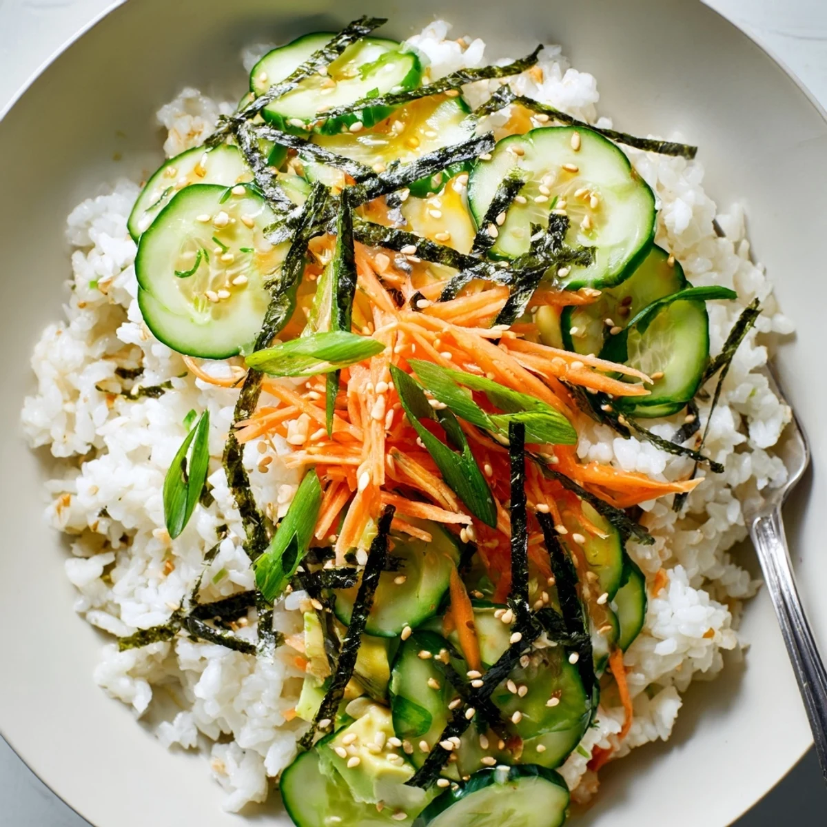 Bright Sushi Cucumber Salad topped with nori strips, sesame seeds, creamy avocado