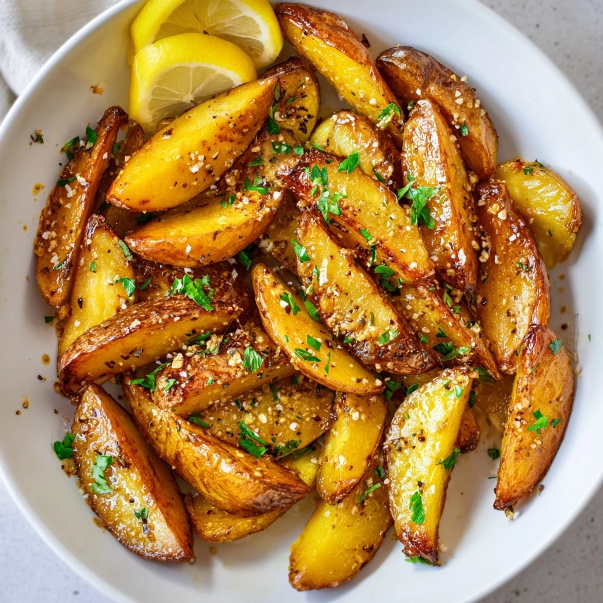 Authentic Greek Lemon Potatoes Recipe: golden wedges crisped, lemony garlic aroma.