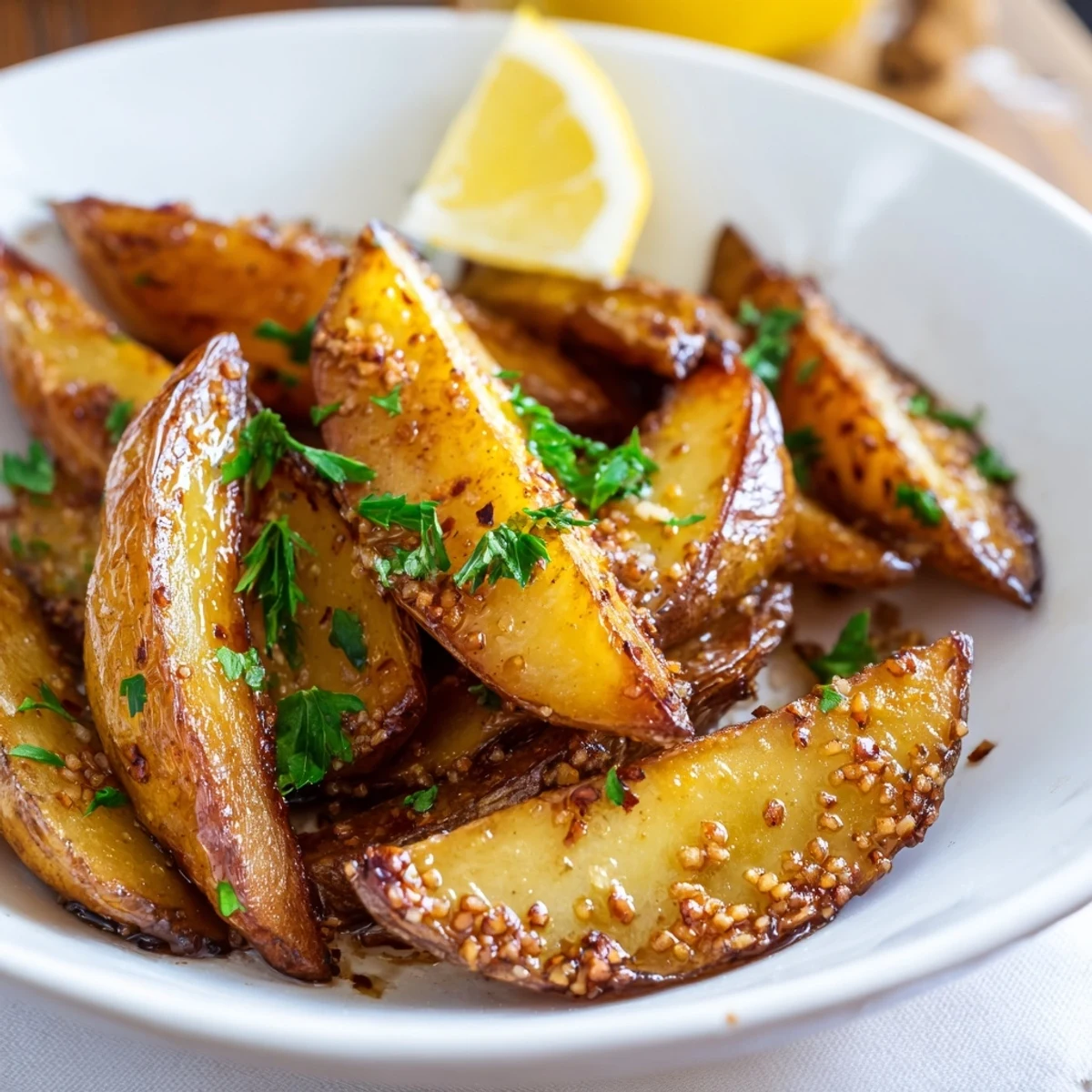 Oven-roasted Authentic Greek Lemon Potatoes Recipe served hot with parsley garnish.