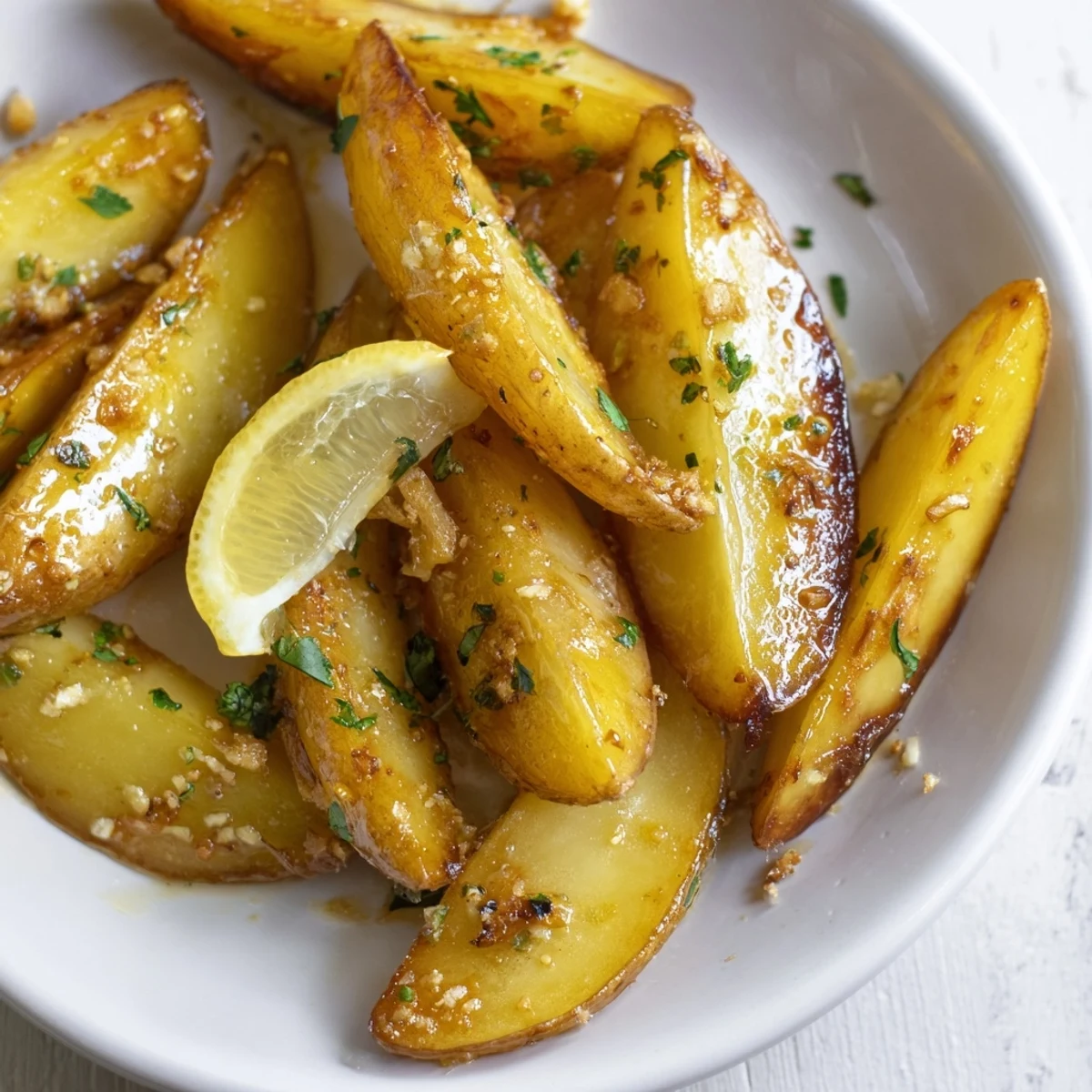 Citrusy, garlic-scented wedges with herbs in Authentic Greek Lemon Potatoes Recipe.