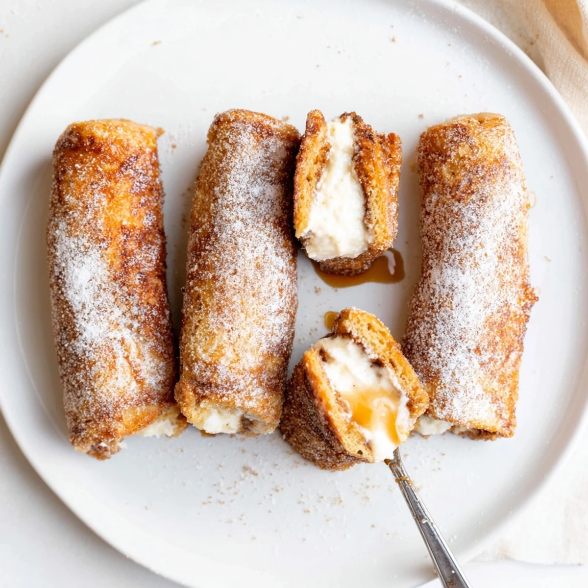 Cinnamon Roll French Toast Roll Ups, golden brown and cinnamon sugared, served warm